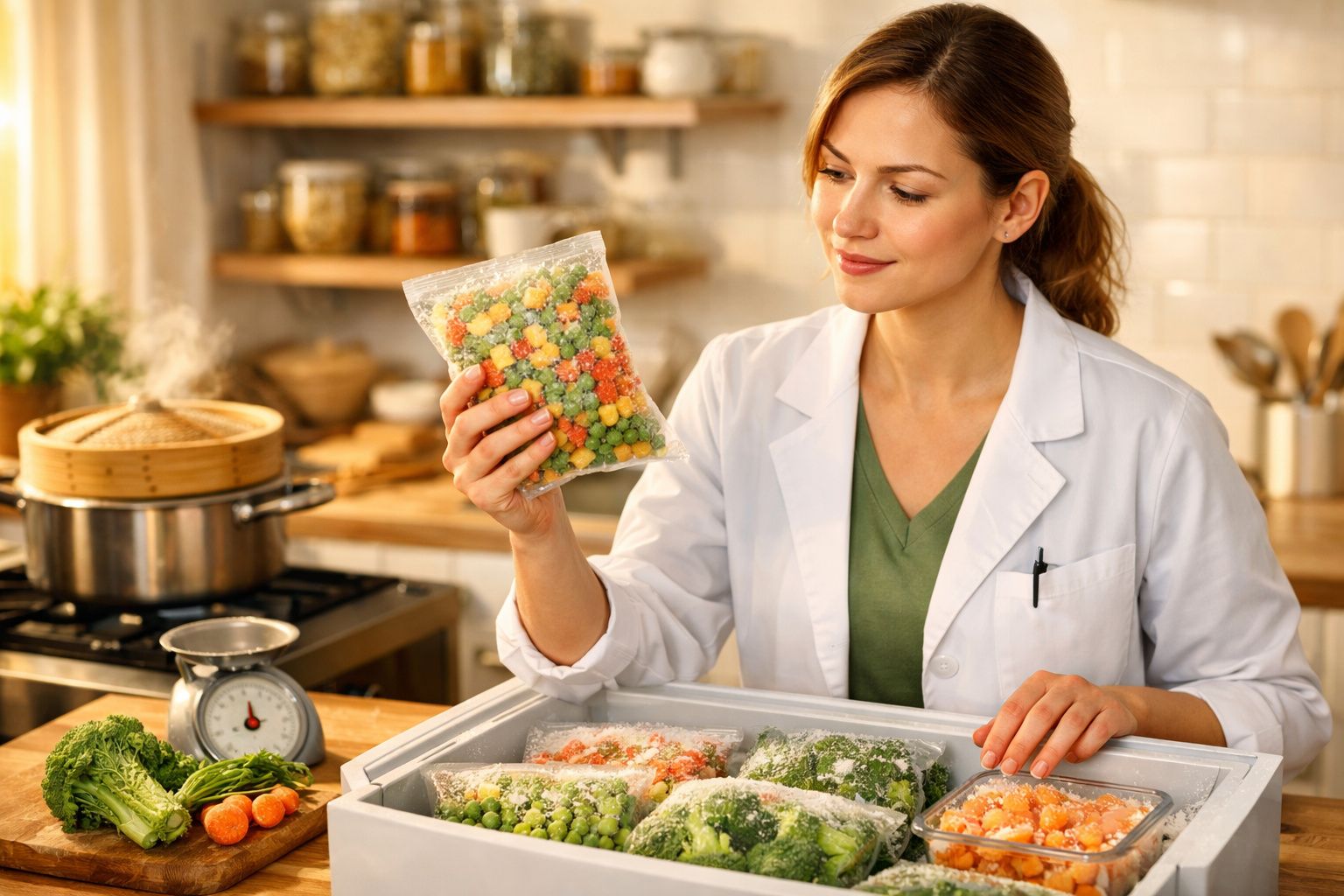 Mulher a analisar embalagem de legumes congelados numa cozinha doméstica bem iluminada.