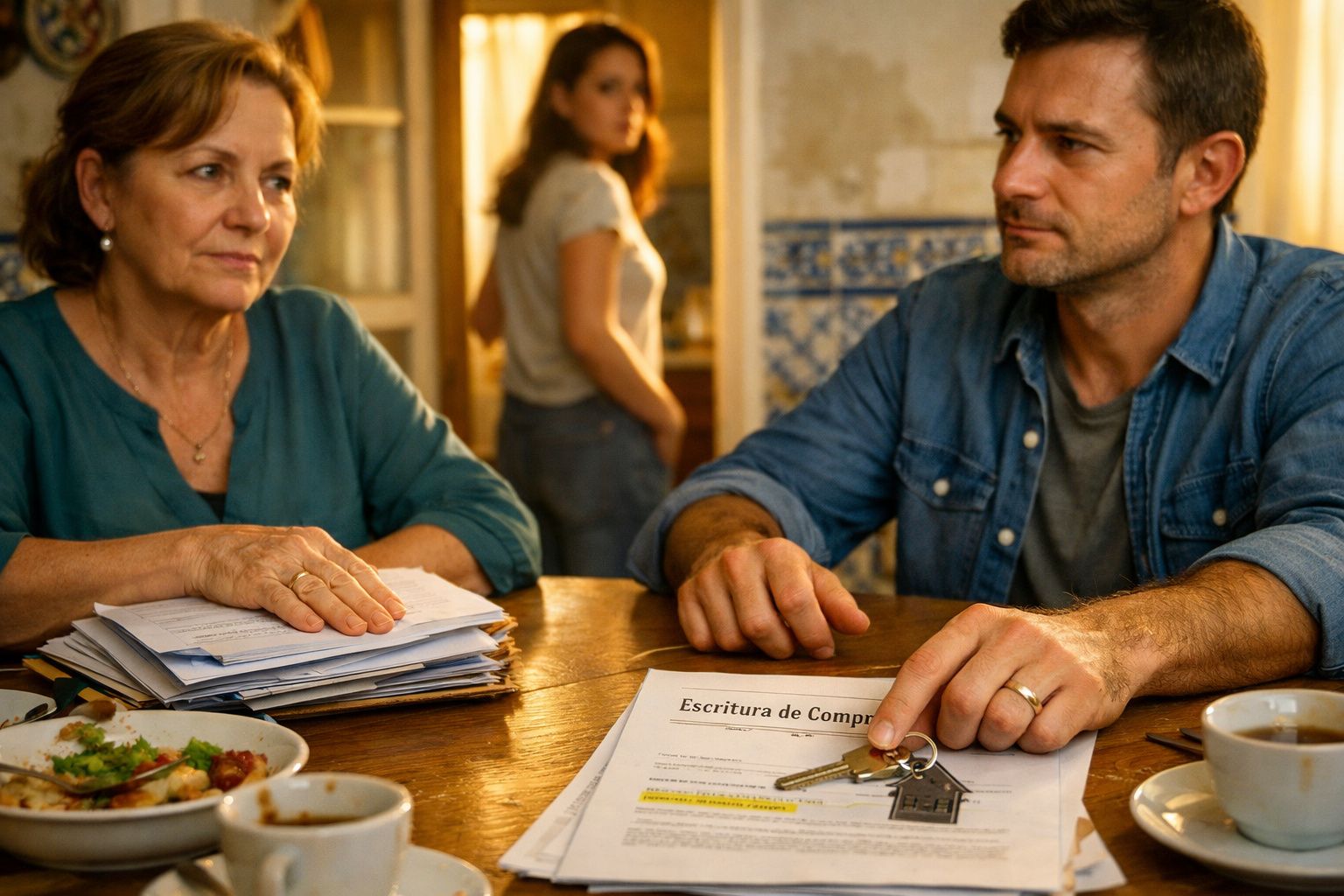 Homem e mulher sentados à mesa com documentos e chave, outra mulher observa ao fundo numa casa.