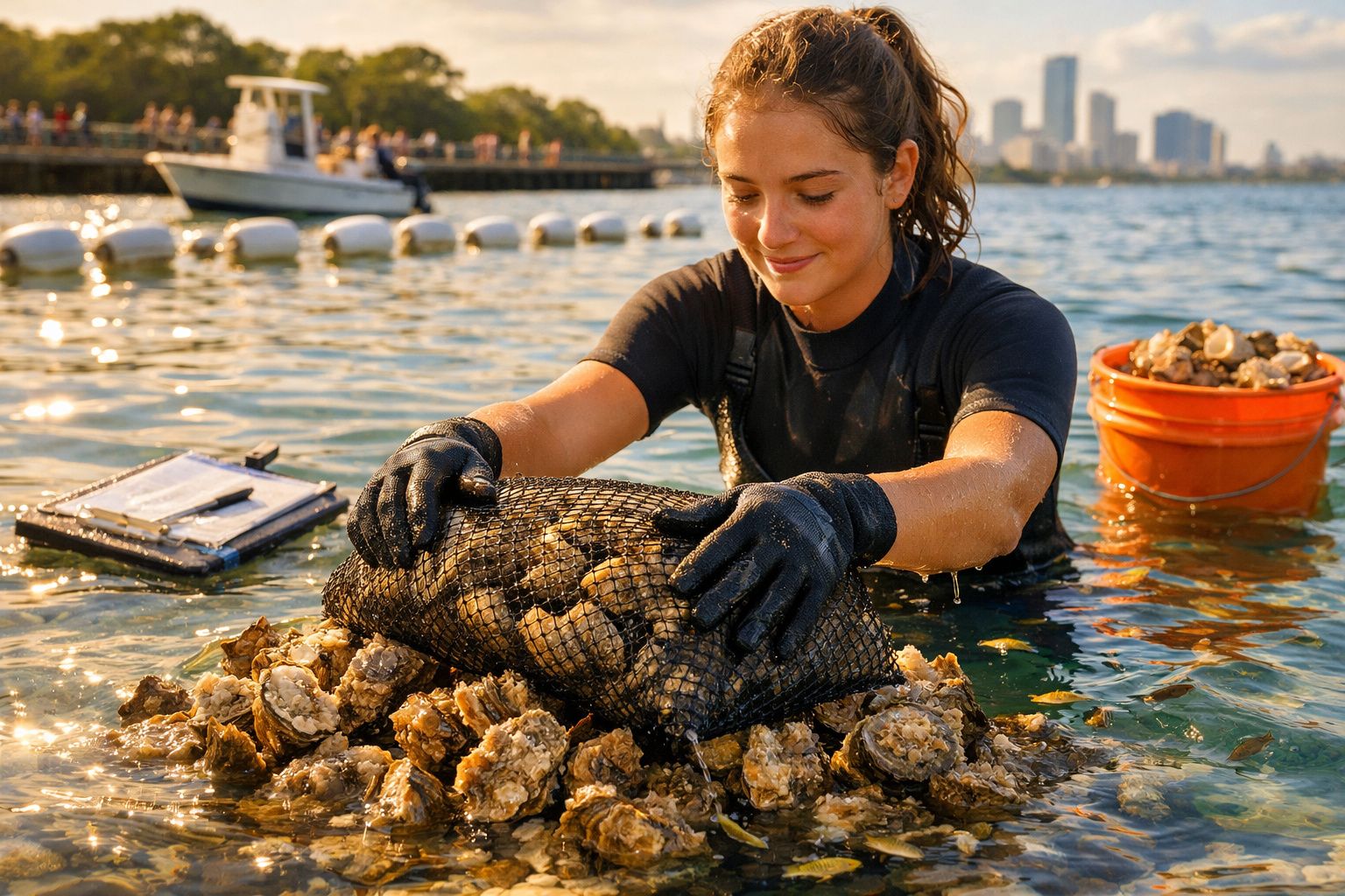 Mulher a recolher ostras numa rede enquanto está na água com balde laranja e cidade ao fundo.