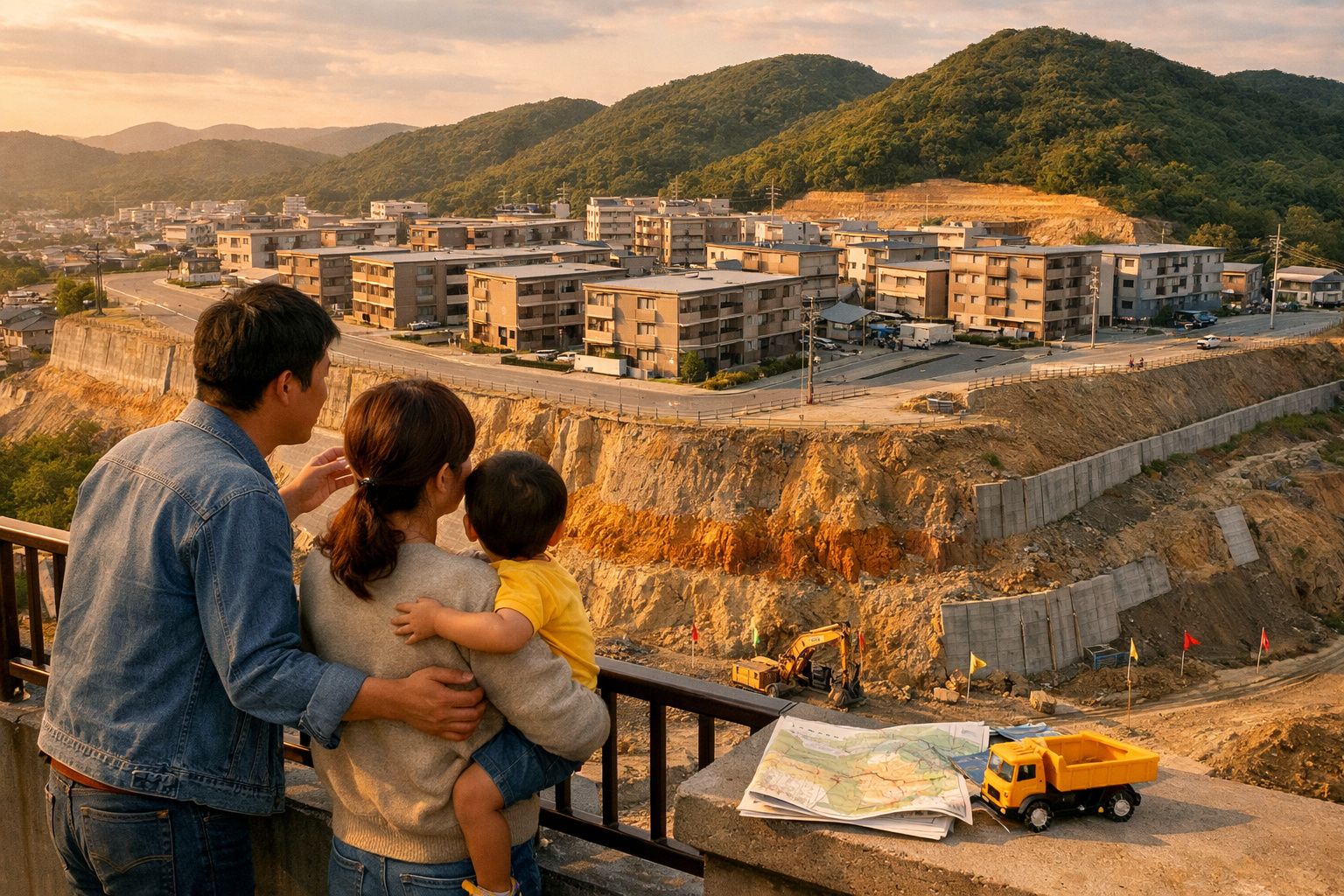 Família observa construção de habitações residenciais junto a colina durante o pôr do sol.