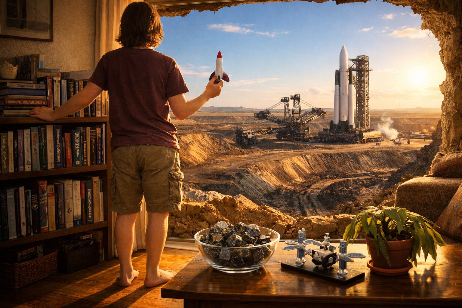 Criança segura foguete de brinquedo olhando para lançamento real de foguete ao pôr do sol numa paisagem árida.