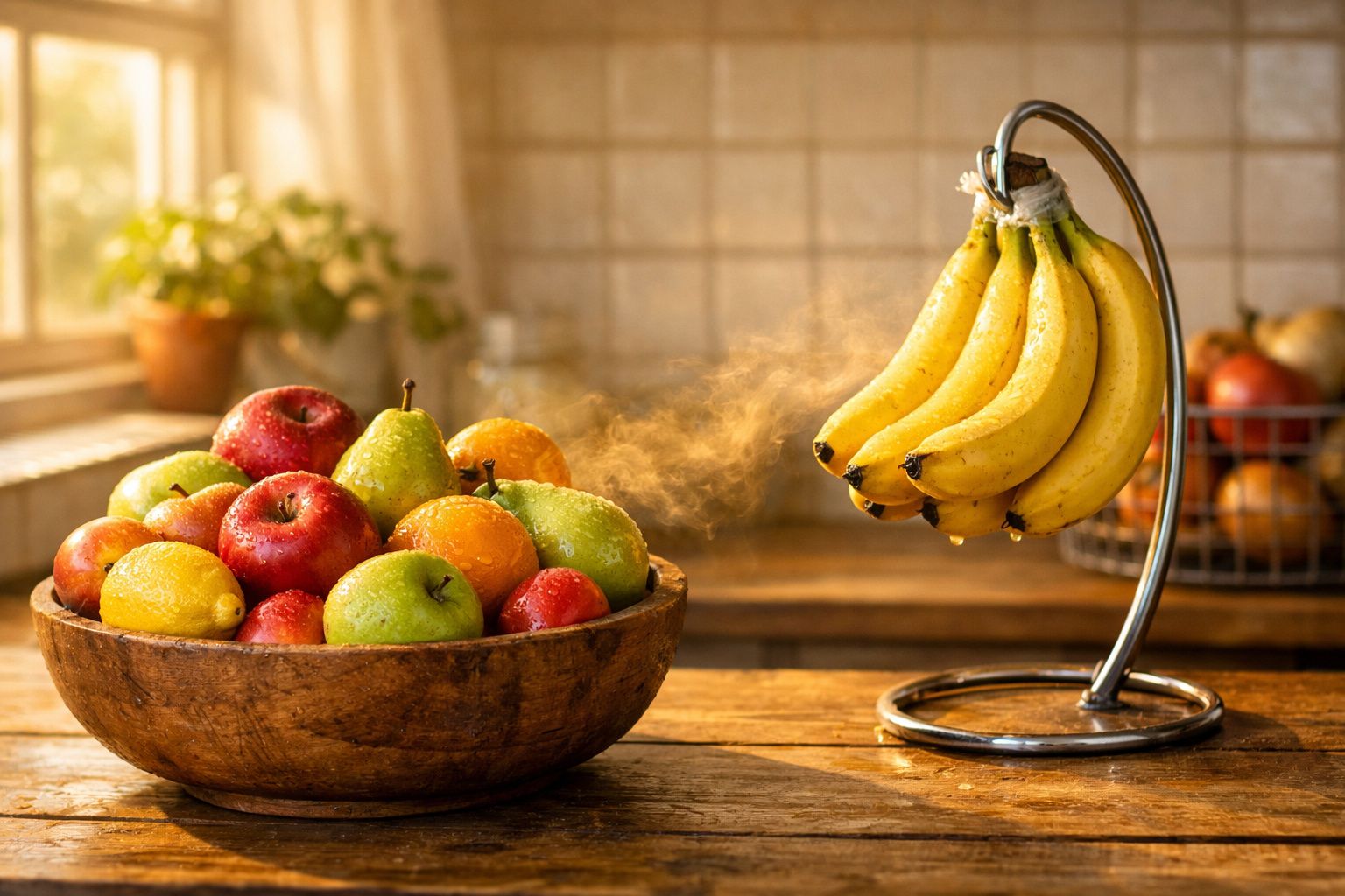 Fruteira de madeira cheia de maçãs, peras, laranjas e limões ao lado de cacho de bananas numa cozinha iluminada.