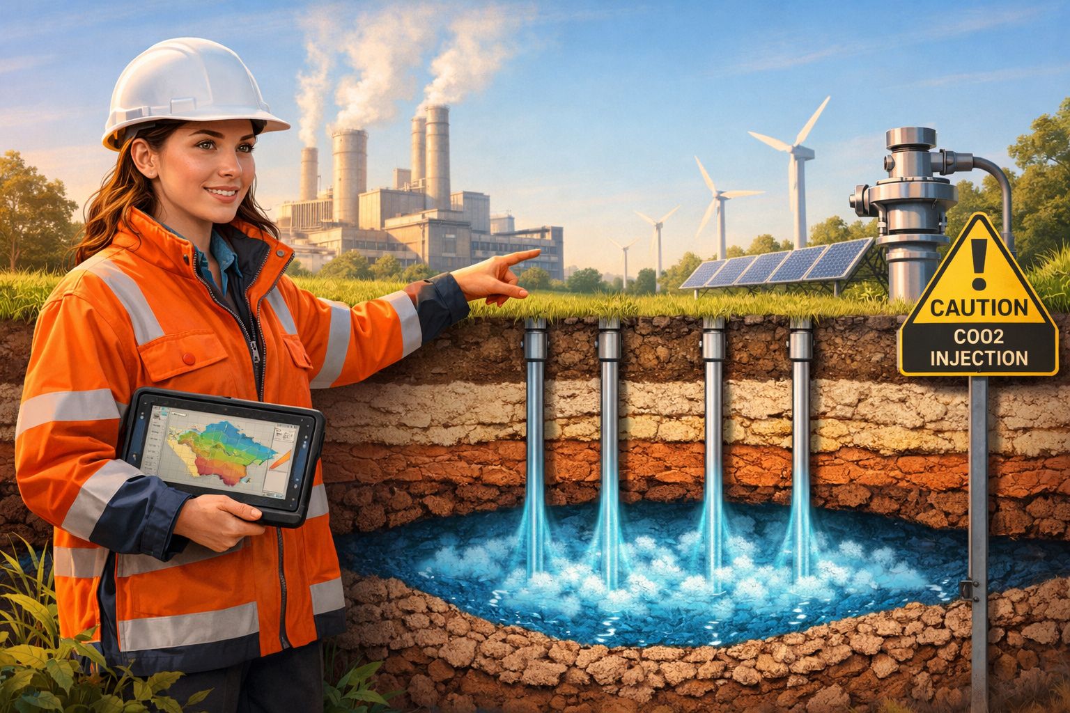 Engenheira em segurança e energia aponta para sistema de injeção de CO2 com turbinas e energia solar ao fundo.