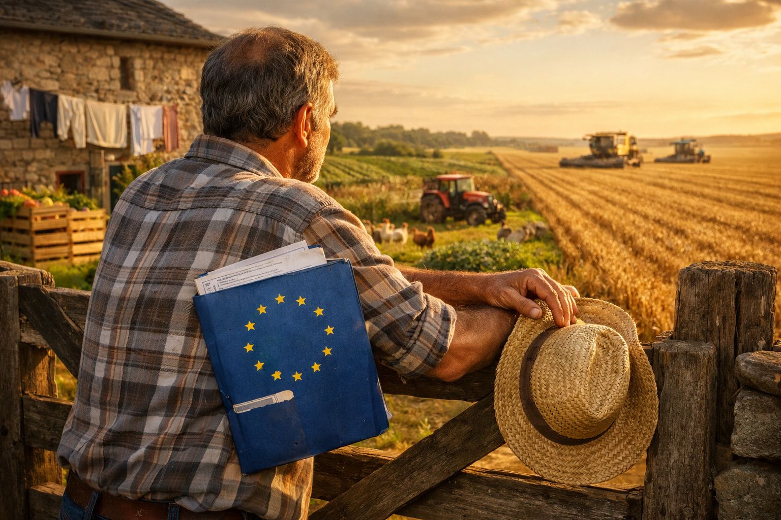 Homem com pasta da União Europeia e chapéu observa horizonte rural com tratores a trabalhar ao fim da tarde.