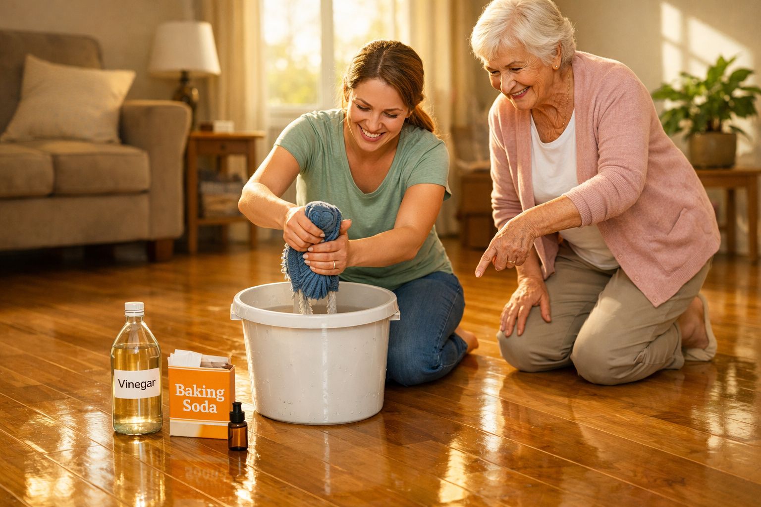 Duas mulheres, uma a torcer um pano num balde e outra a apontar, com vinagre e bicarbonato ao lado, limpando chão.