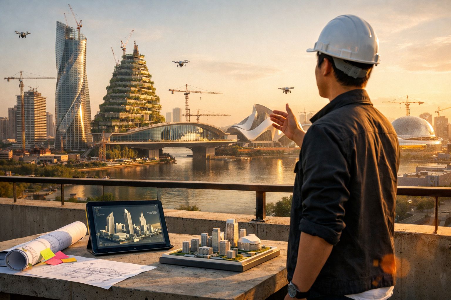 Engenheiro com capacete observa maquete e projetor digital de edifícios modernos numa obra à beira rio ao pôr do sol.