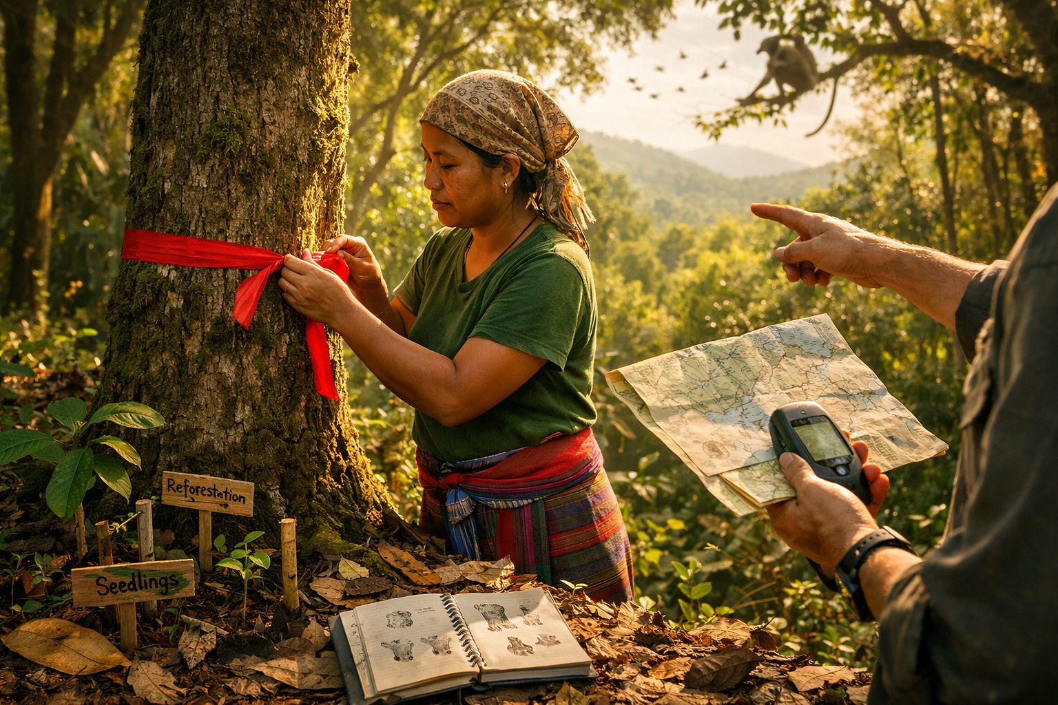 Mulher amarra fita vermelha numa árvore durante atividade de reflorestação numa floresta.