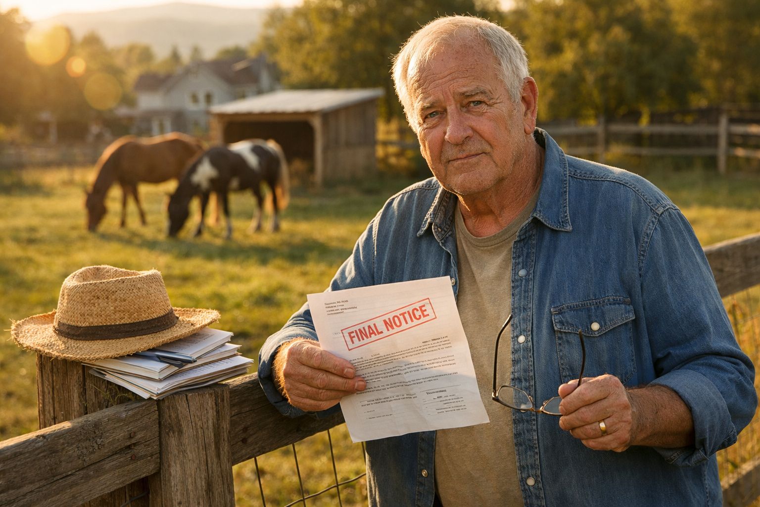 Homem idoso segurando aviso de pagamento final numa quinta com cavalos e chapéu de palha ao pôr do sol.