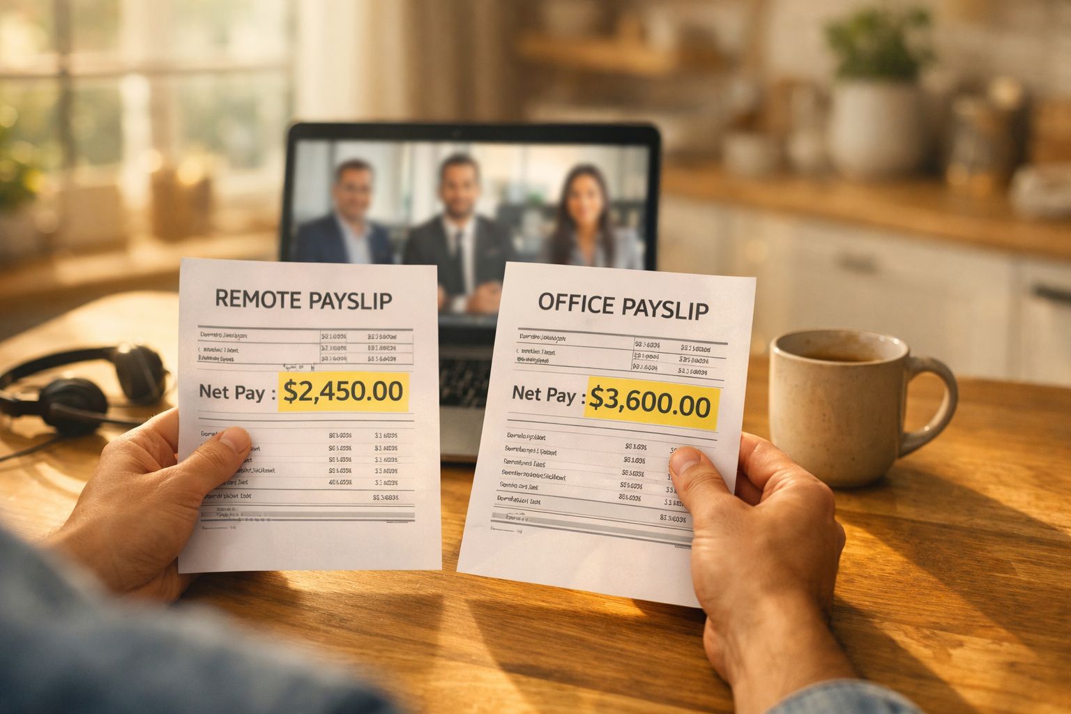 Pessoa a segurar dois recibos de ordenado, comparação entre trabalho remoto e no escritório, com laptop ao fundo.