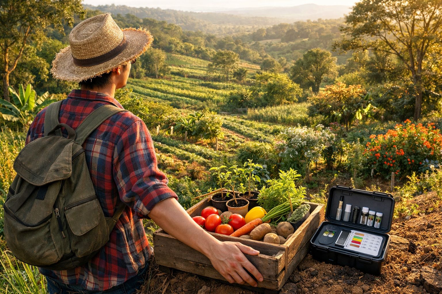 Agricultor com chapéu e mochila observa colheita de vegetais frescos numa quinta ao pôr do sol.