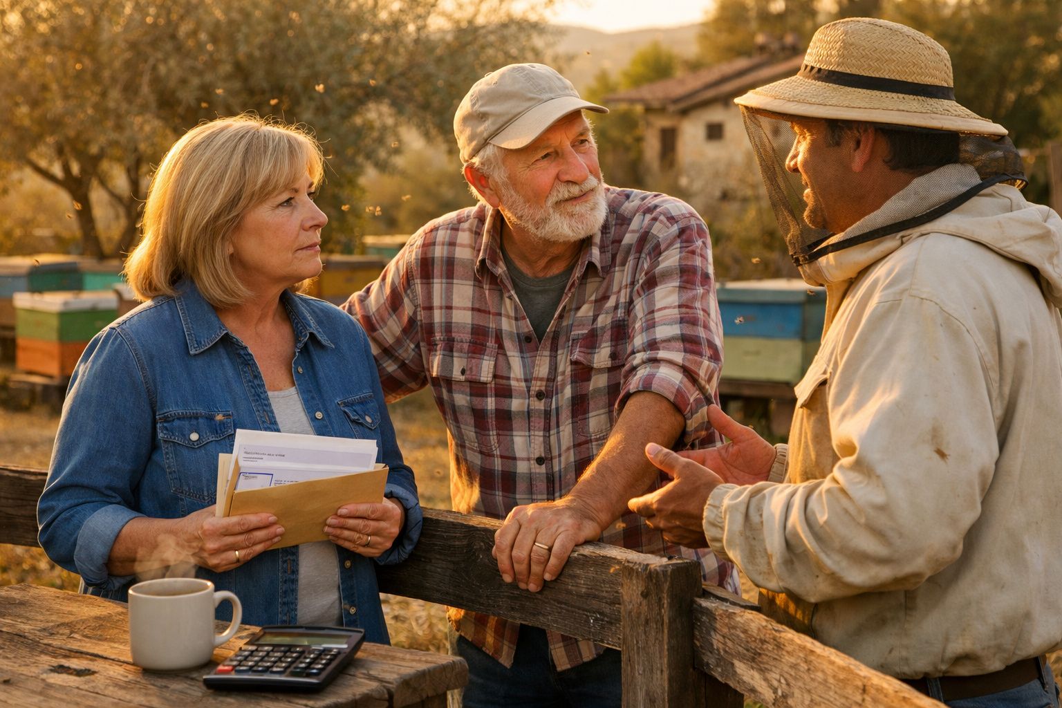 Casal conversa com apicultor ao ar livre junto a colmeias num entardecer rural.