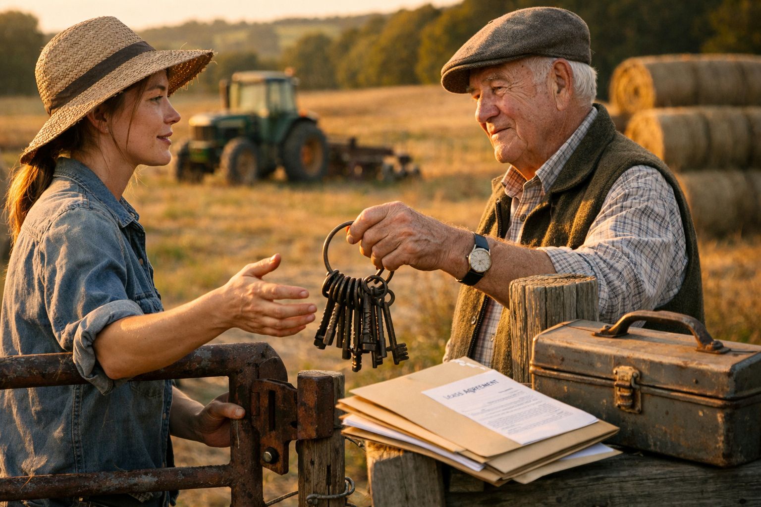 Homem idoso entrega chave a jovem mulher numa quinta, com tratores e fardos de palha ao fundo.