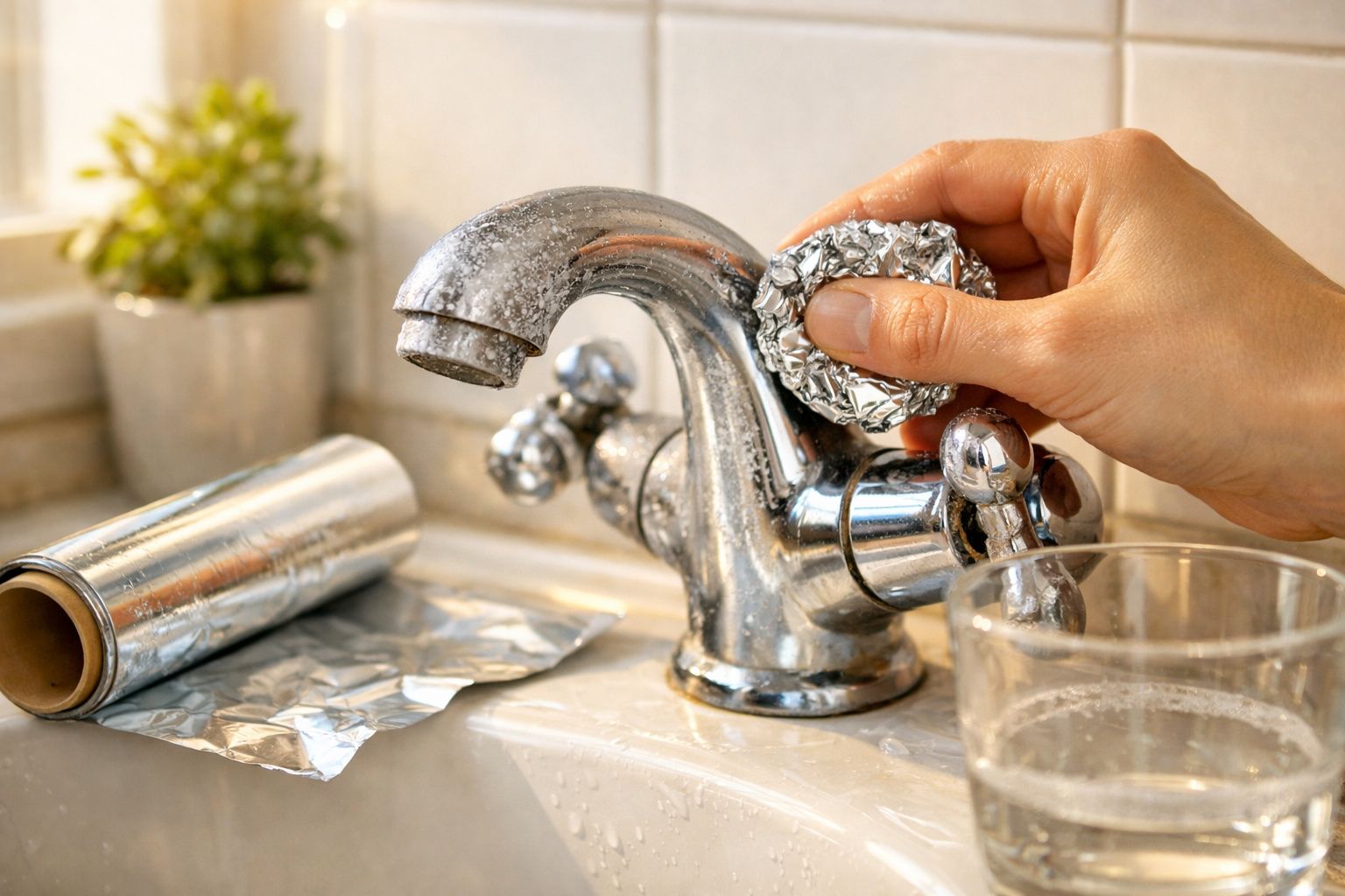 Mão a limpar torneira cromada com bola de papel de alumínio perto de rolo de alumínio na pia.
