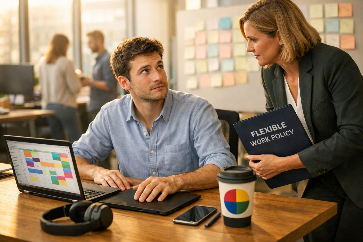 Homem sentado a trabalhar no portátil ouve mulher que segura documento "Flexible Work Policy" num escritório moderno.
