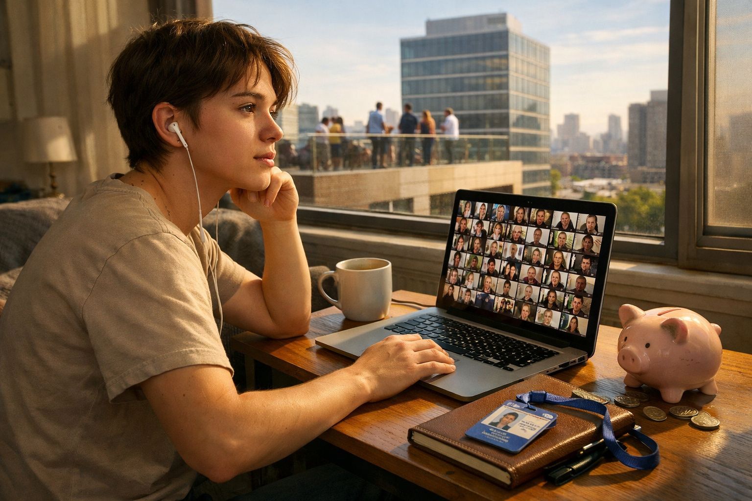 Pessoa jovem com auscultadores numa chamada de vídeo num portátil junto a janela, com caneca, mealheiro e crachá na mesa.
