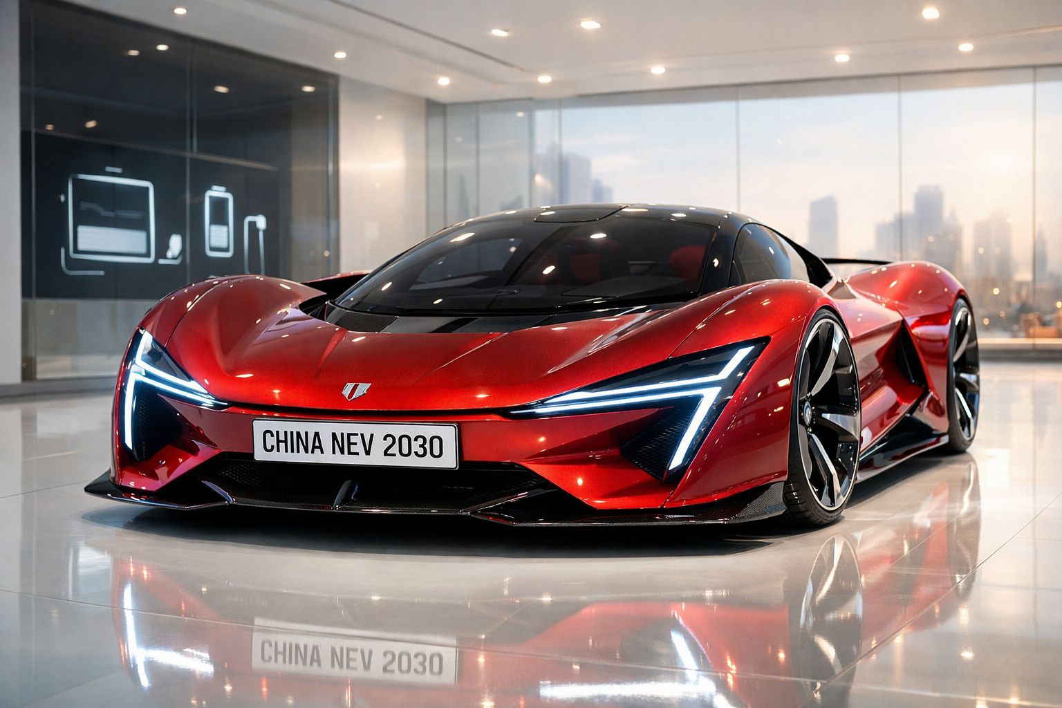 Carro desportivo vermelho futurista com faróis LED distintivos em exposição numa sala moderna.