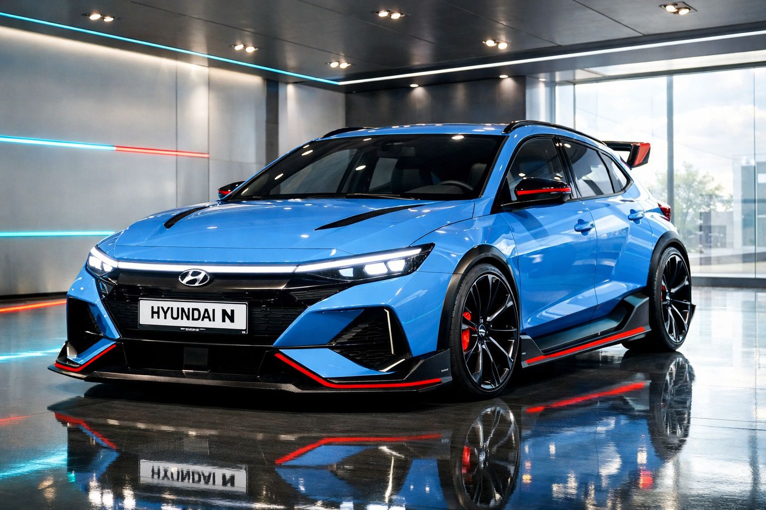 Carro desportivo Hyundai N azul numa garagem moderna com iluminação LED e reflexos no chão polished.