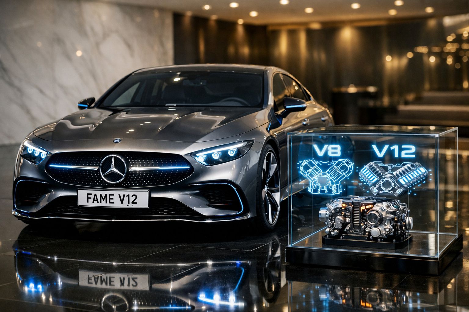 Carro Mercedes cinza metálico com faróis acesos e motor exposto em caixa de vidro ao lado.