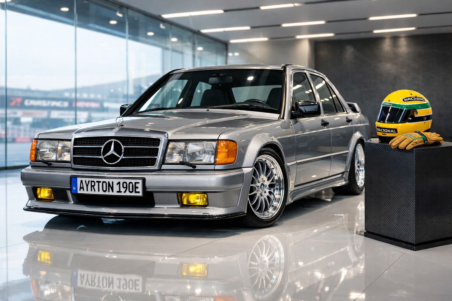 Mercedes-Benz cinzento prata estacionado junto a um capacete de corrida e luvas amarelas numa sala moderna.