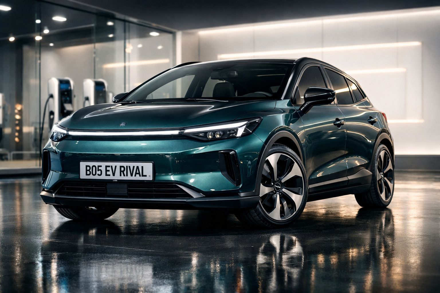 Carro eléctrico verde escuro estacionado em interior moderno com paredes iluminadas e carregadores elétricos ao fundo.