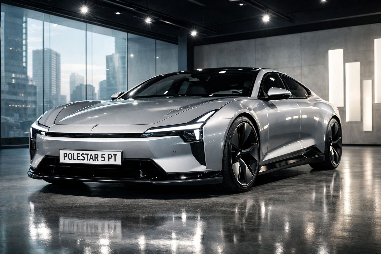 Carro elétrico Polestar 5 cinzento metálico estacionado em garagem moderna com janelas grandes e luzes refletidas no chão.