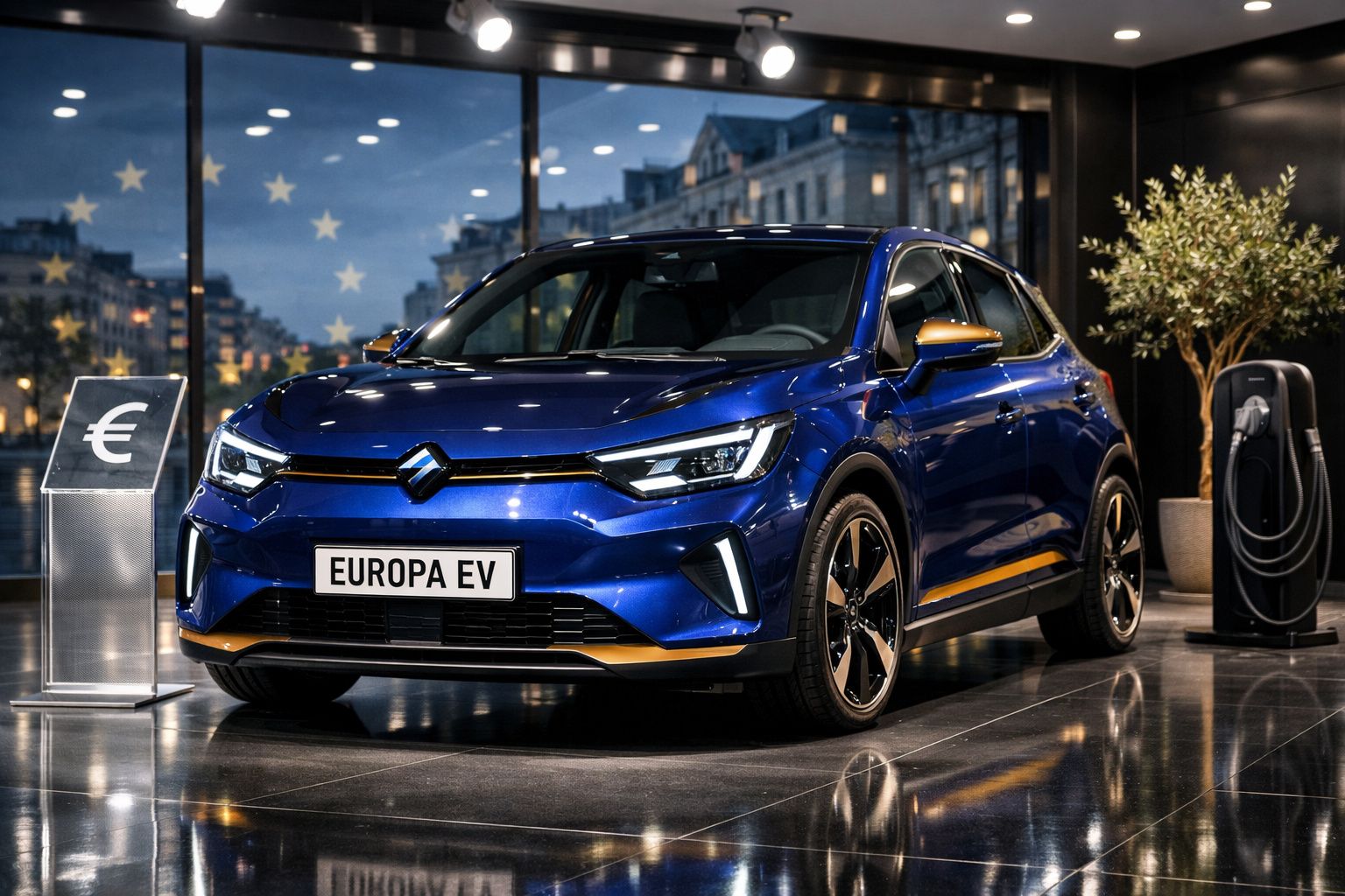 Automóvel eléctrico azul com placa "EUROPA EV" exibido em espaço moderno com estação de carregamento.