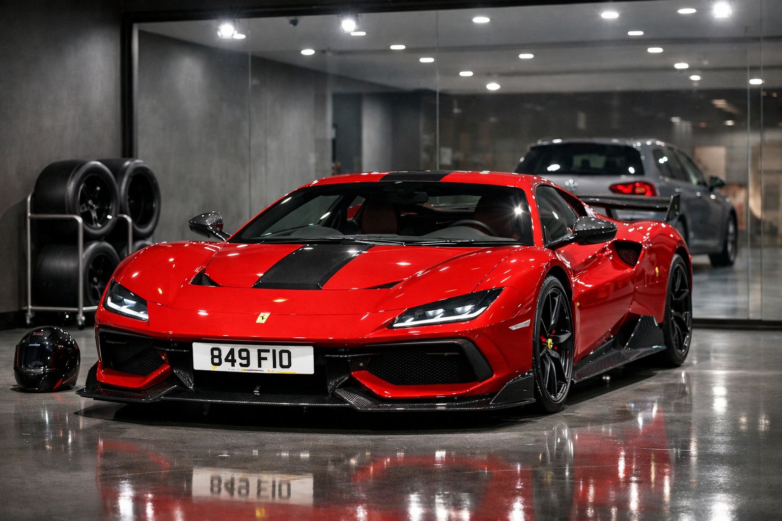 Ferrari vermelha desportiva estacionada em garagem com piso reflexivo e capacete preto ao lado.