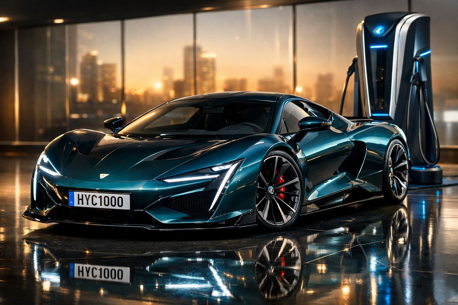 Carro desportivo elétrico azul carregando numa estação de carregamento num ambiente urbano interior.