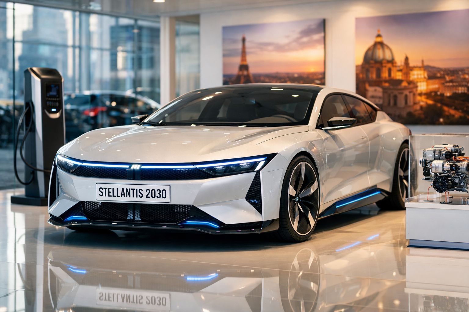 Carro elétrico branco Stellantis 2030 num showroom moderno com estação de carregamento ao lado.
