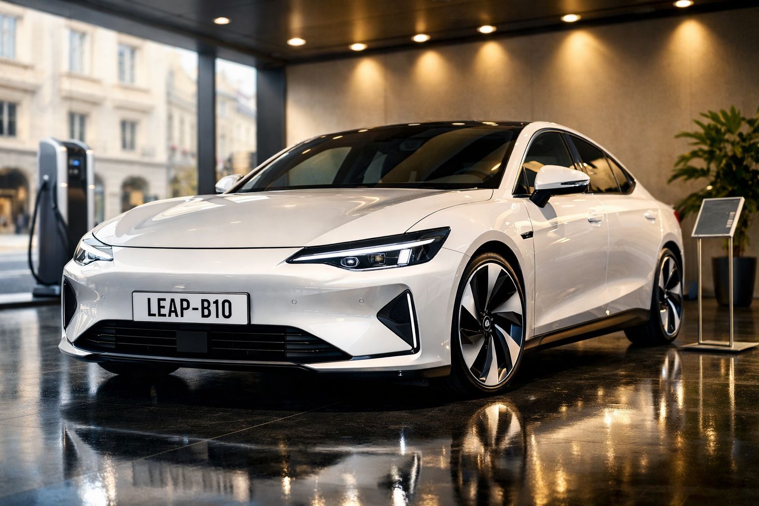 Carro elétrico branco LEAP-B10 exibido num espaço interior moderno com chão reflexivo e carregador elétrico atrás.
