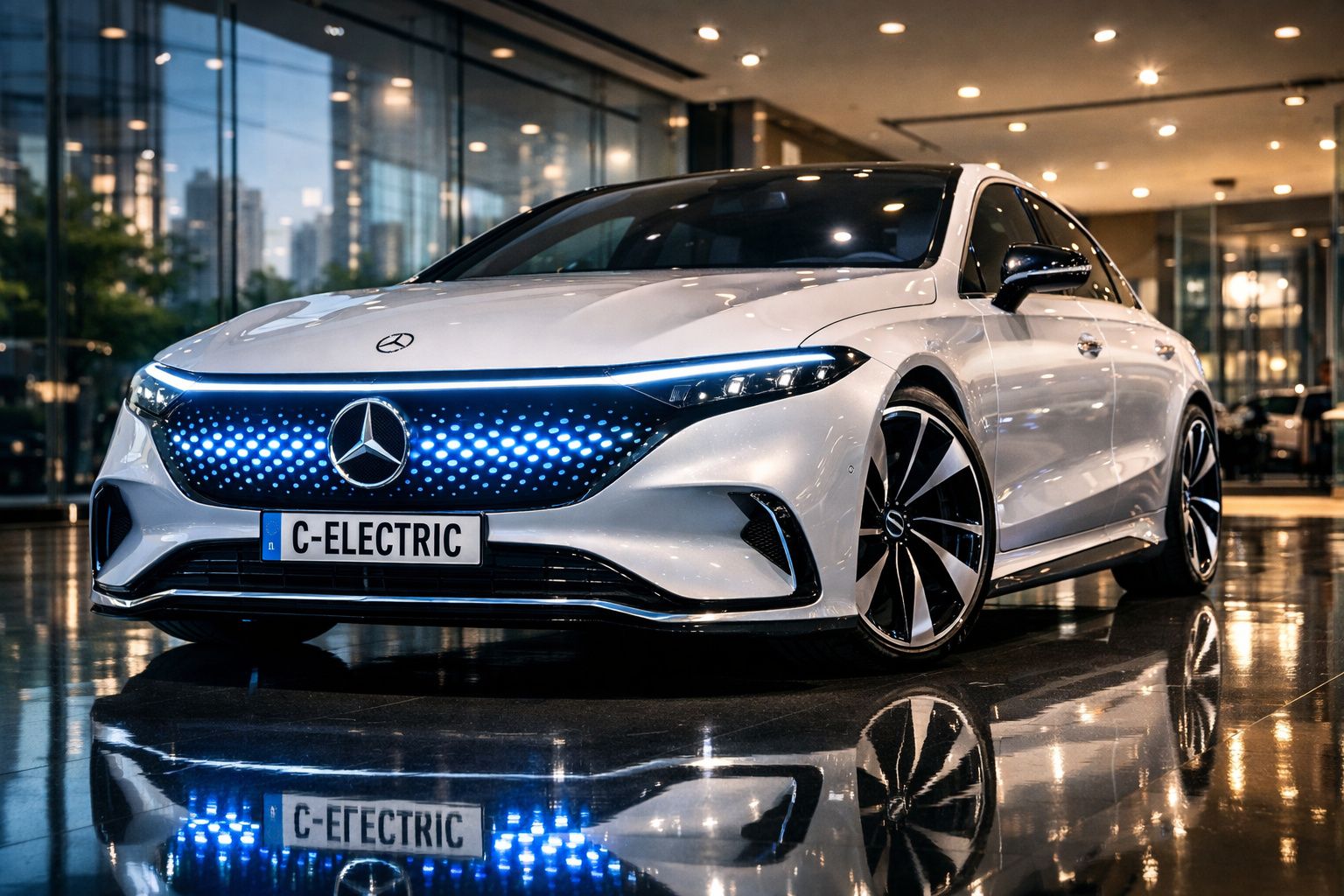 Carro elétrico Mercedes-Benz branco com luzes azuis na grelha, estacionado em interior moderno.