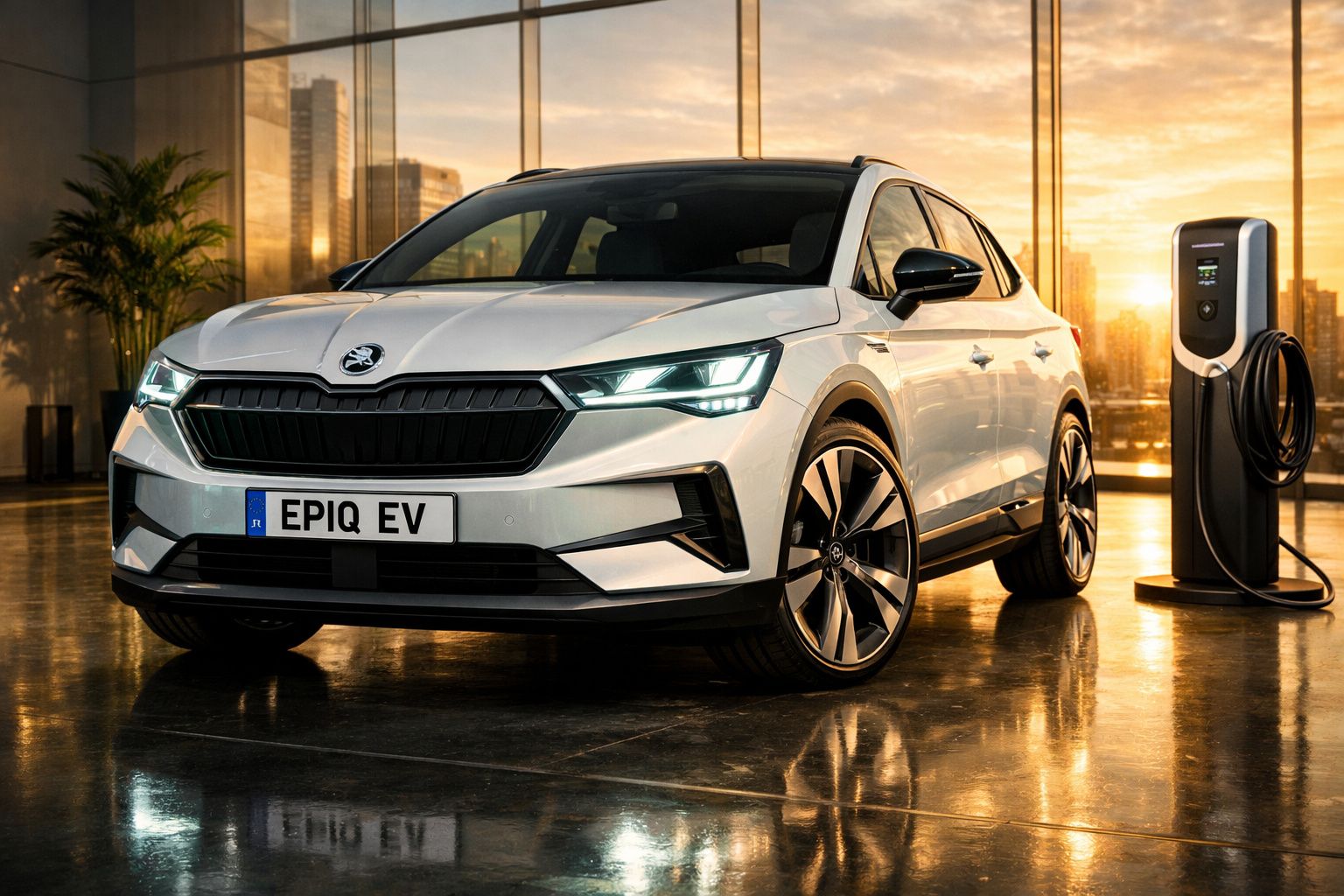 Carro elétrico branco estacionado ao lado de posto de carregamento interior com luz natural ao fundo.