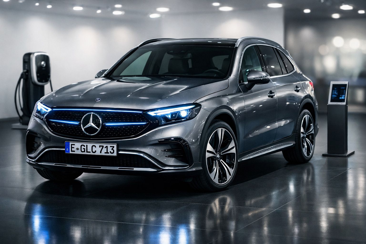Carro elétrico Mercedes-Benz cinza estacionado junto a posto de carregamento em interior moderno.