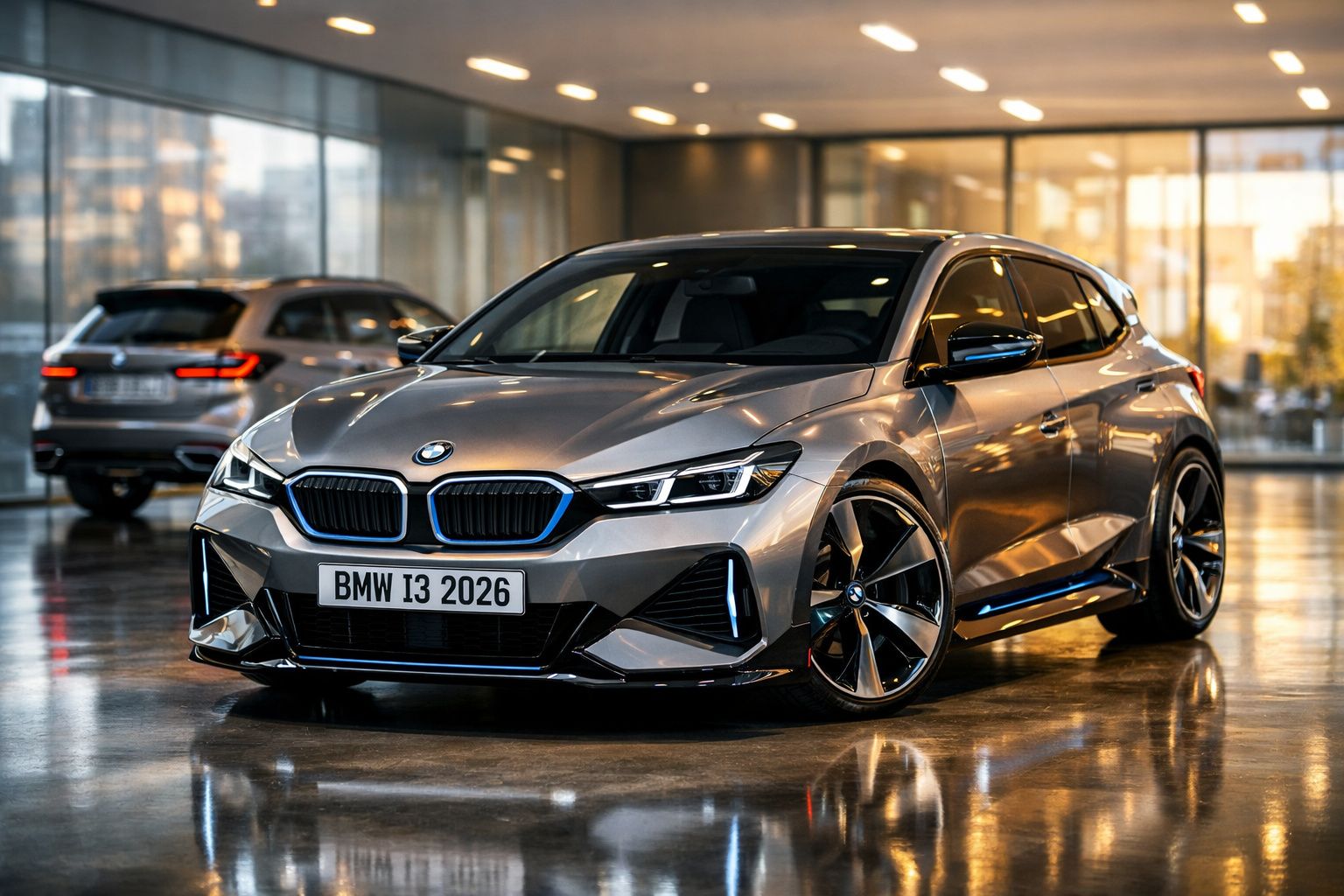 Carro BMW i3 2026 prateado estacionado em interior moderno com chão refletor e iluminação suave.