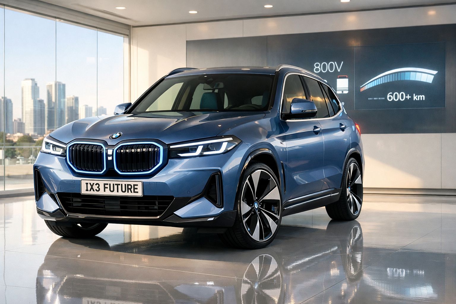 Carro eléctrico BMW IX3 azul estacionado em showroom moderno com visor de autonomia ao fundo.