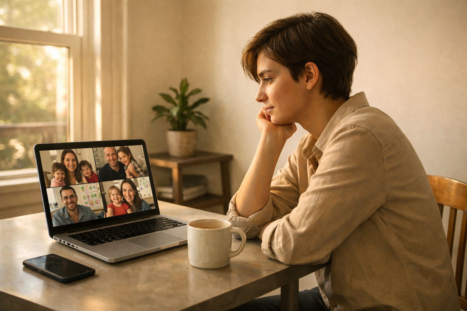 Pessoa sentada à mesa a fazer videochamada em grupo num computador portátil, com chávena e telemóvel na mesa.