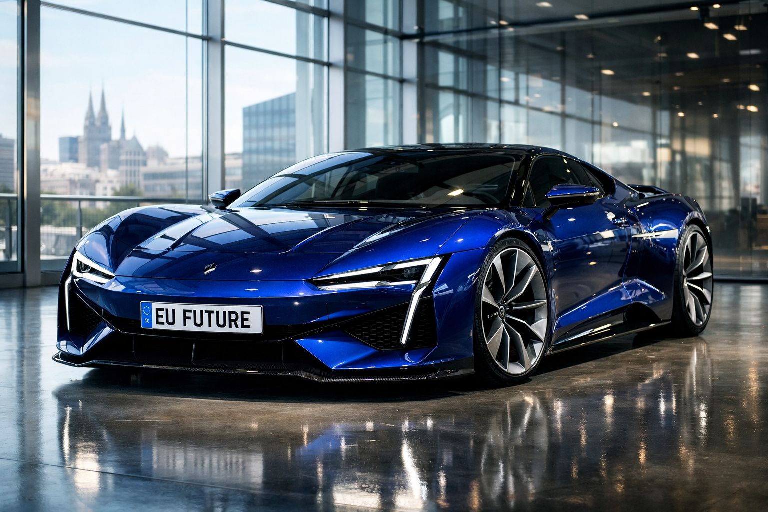 Carro desportivo elétrico azul brilhante estacionado em espaço interior moderno com vidro panorâmico.