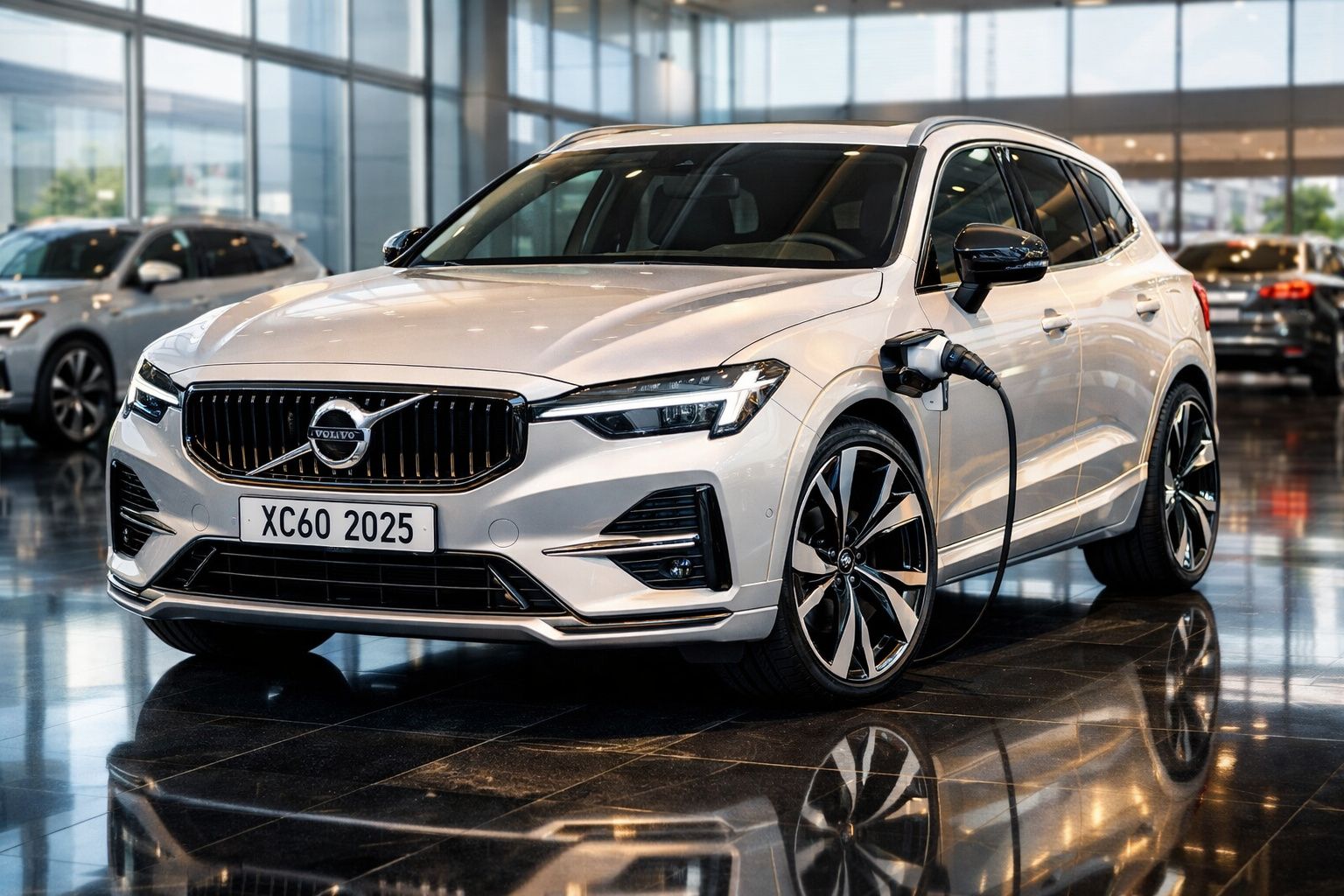 Carro elétrico Volvo XC60 branco a ser carregado numa loja com piso espelhado.