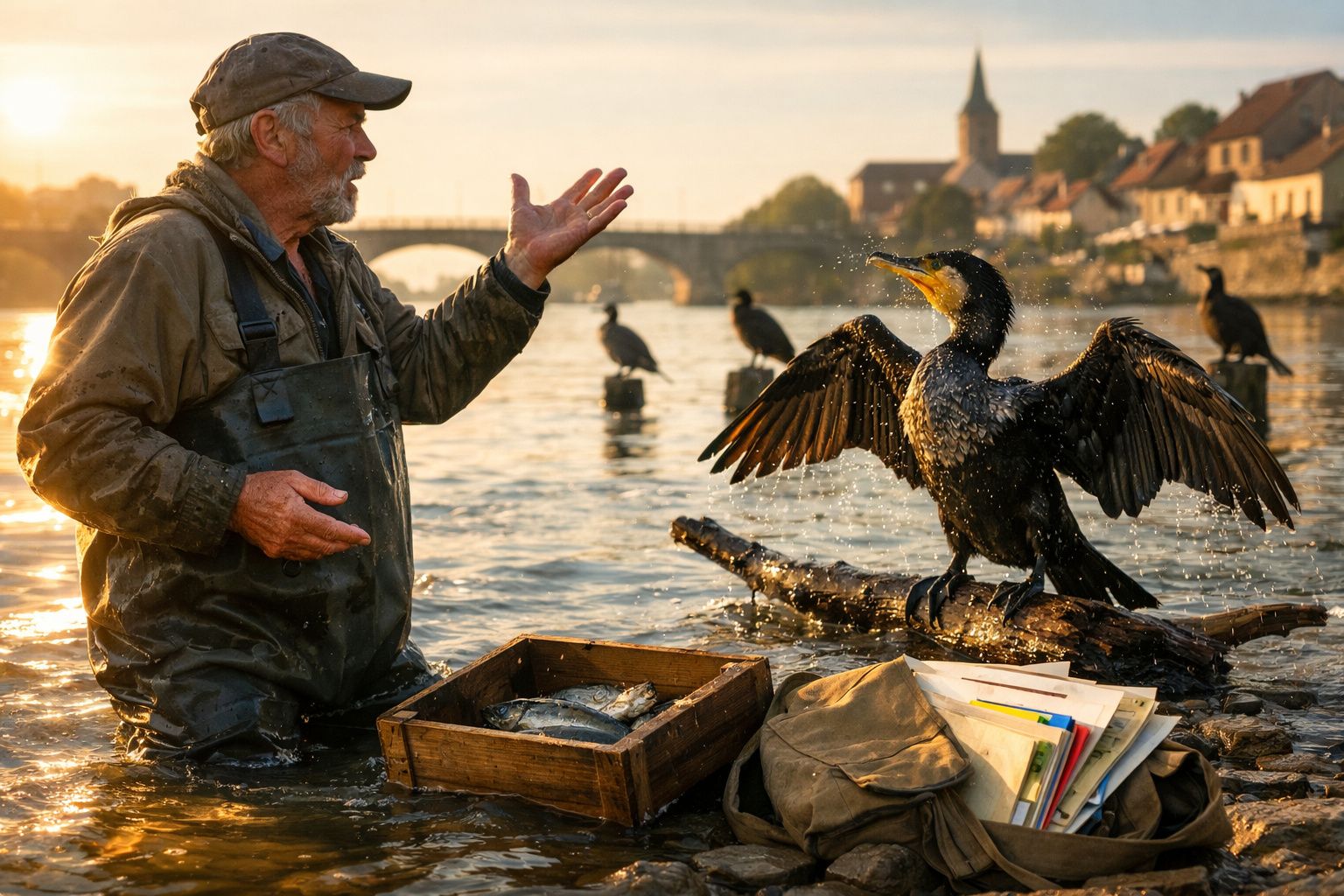 Homem com fato impermeável alimenta e interage com aves aquáticas num rio ao pôr do sol, vila ao fundo.