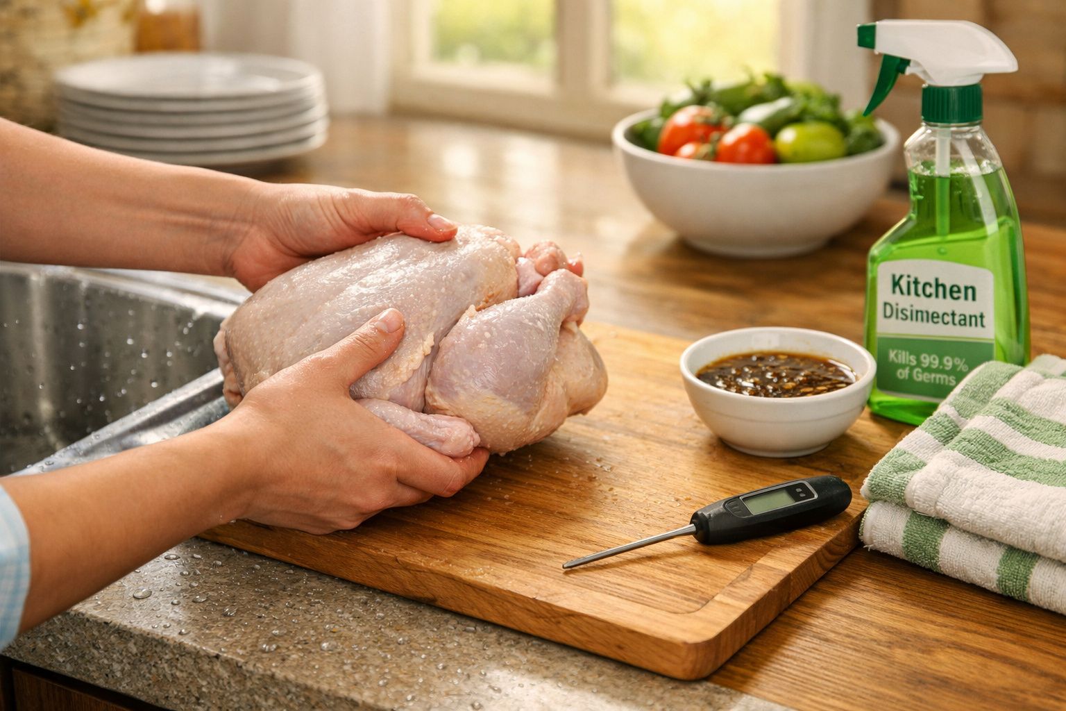 Pessoa a segurar frango cru em tábua de madeira com termómetro, desinfetante e ingredientes na bancada da cozinha.