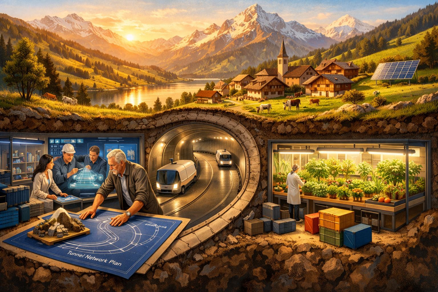 Paisagem rural com aldeia, montanhas, e cenas de tecnologia subterrânea: túnel com comboios, equipa a planear e estufa.