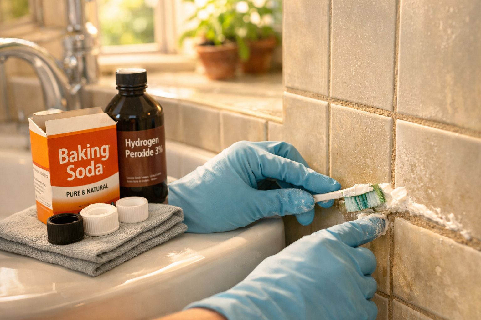 Mãos com luvas azuis a limpar juntas de azulejos com escova e bicarbonato de sódio.