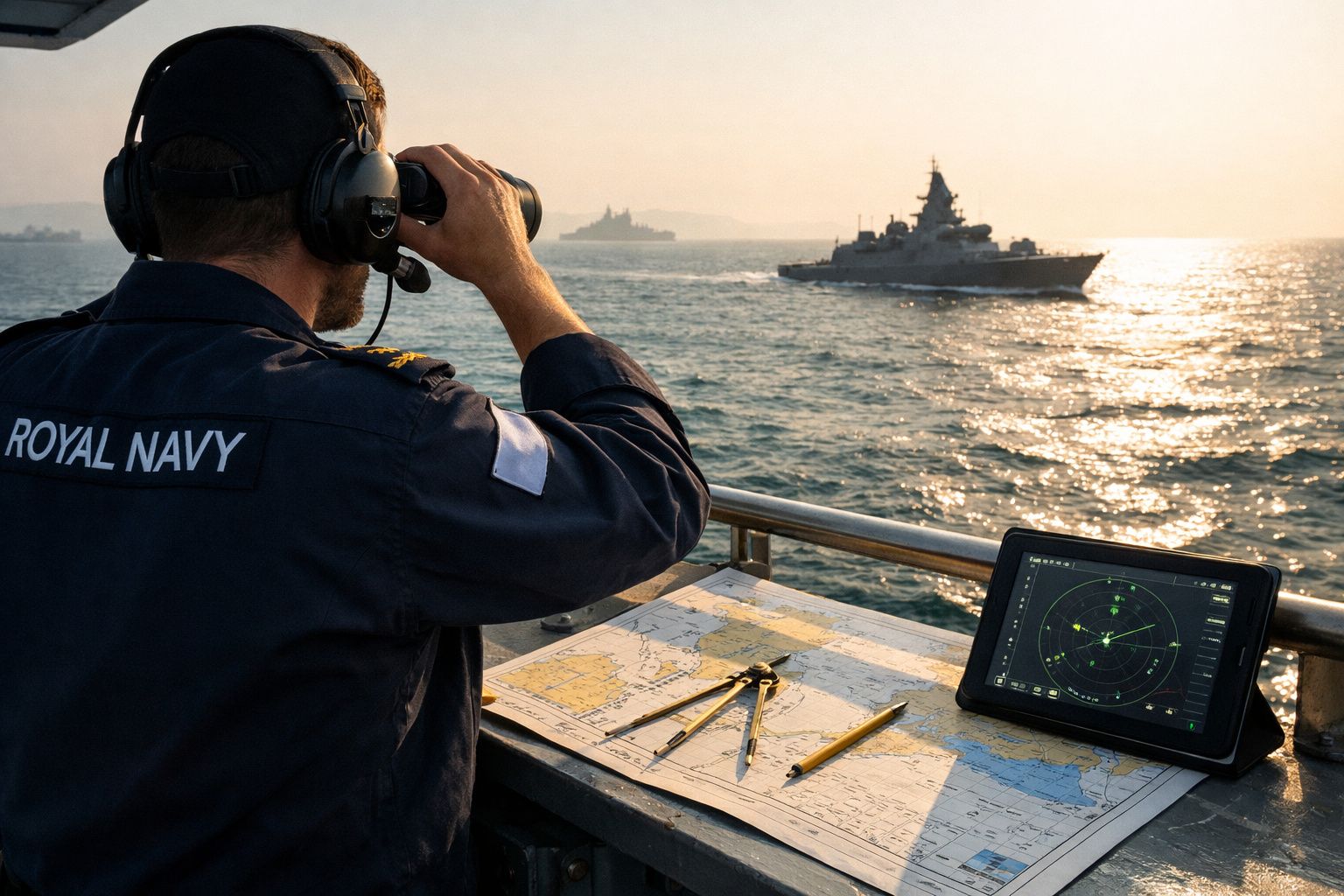 Marinheiro da Royal Navy observa com binóculos navio de guerra no mar ao pôr do sol, com mapa e radar à frente.