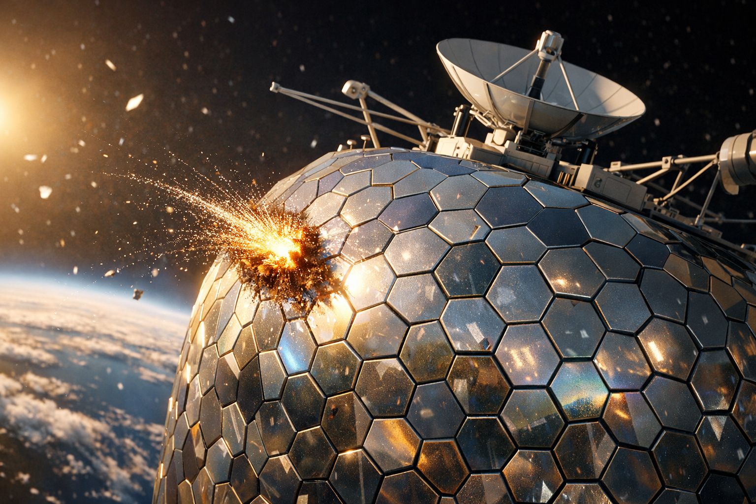 Satélite com escudo hexagonal a sofrer impacto de meteorito com faíscas no espaço próximo da Terra.