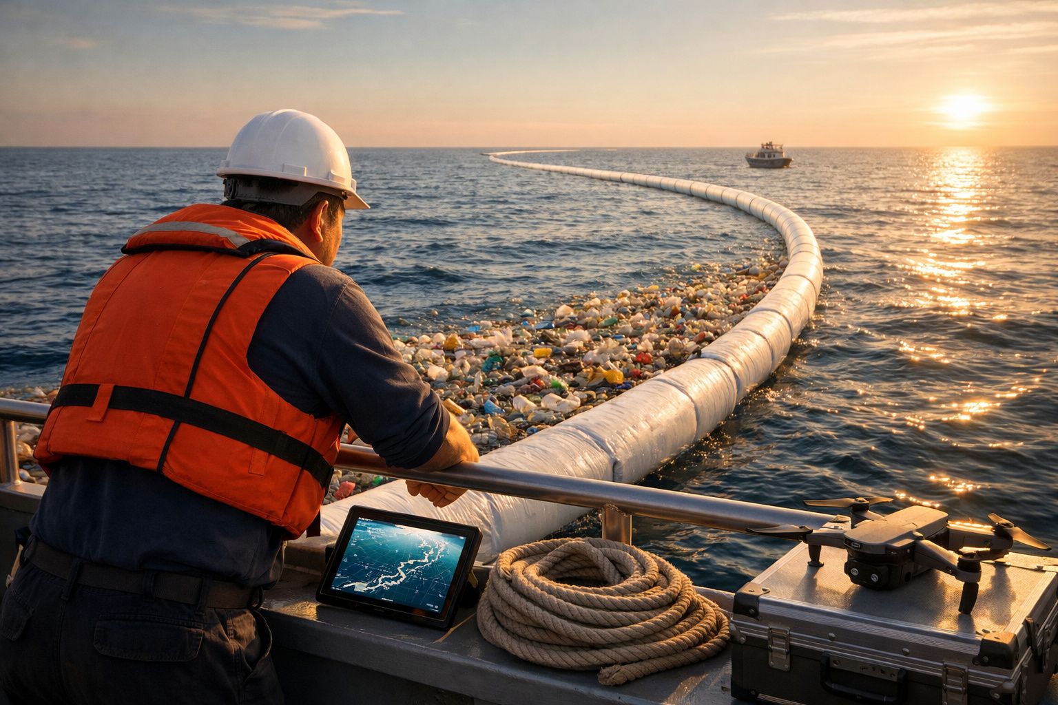 Homem com colete e capacete observa barreira a recolher plásticos do mar ao pôr do sol.