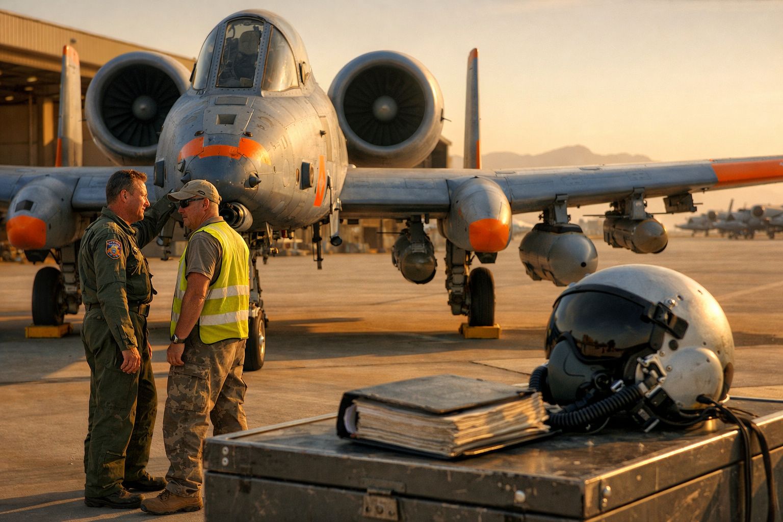 Dois homens em uniforme militar junto a um caça A-10 estacionado numa pista ao pôr do sol.