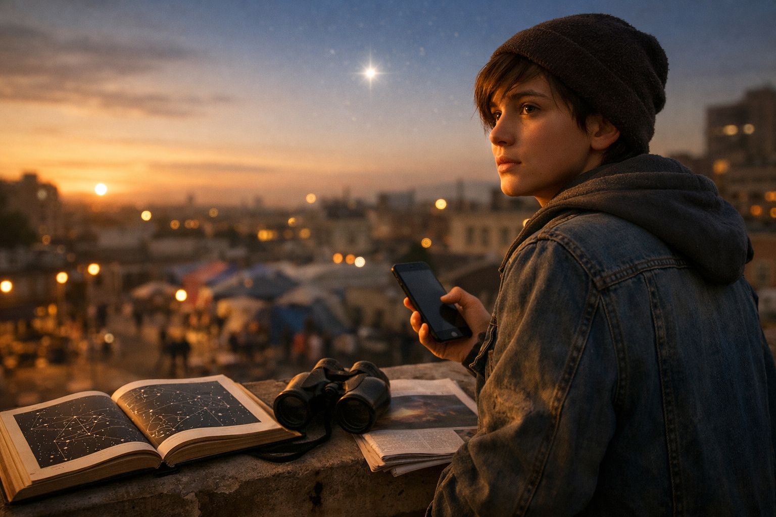 Jovem com telefone, livros de astronomia e binóculos observa o céu ao entardecer numa cidade.