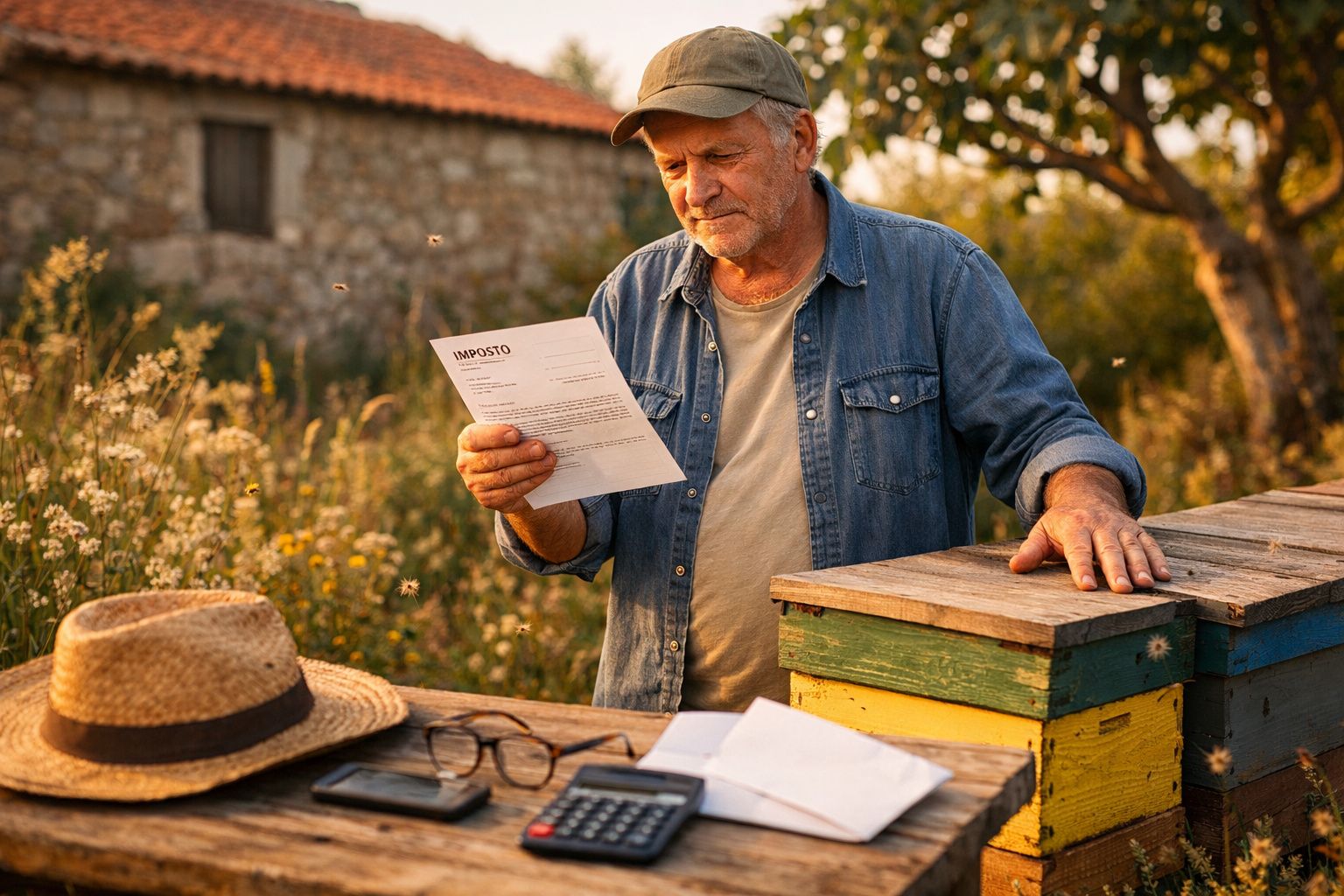 Homem idoso a ler uma carta de imposto junto a colmeias numa zona rural ensolarada.