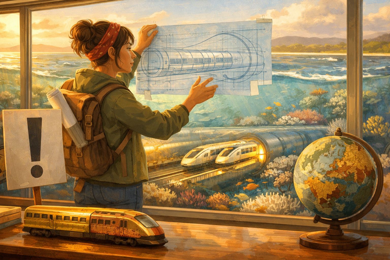 Mulher com mochila analisa projeto de comboio futurista junto a janela com vista para comboios e globo terrestre.