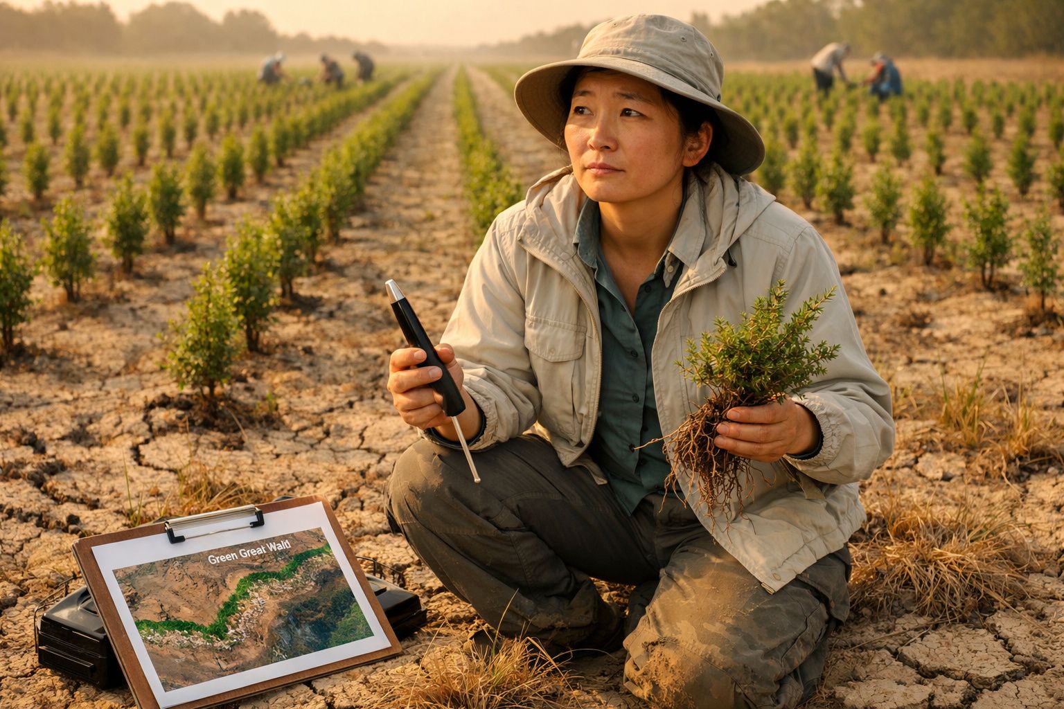 Mulher com chapéu analisa planta e medidor de humidade no campo com plantas pequenas e solo seco.